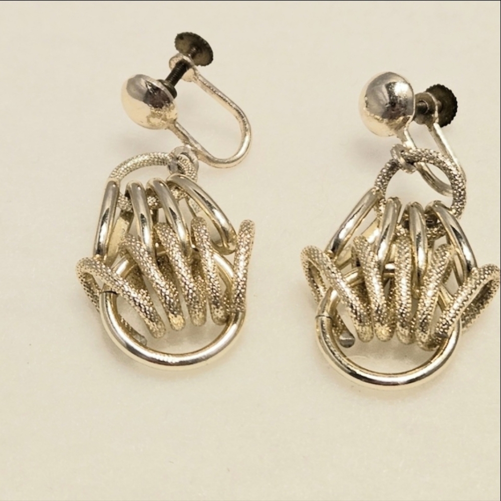 Vintage Silver-Tone Coiled Rope Screw-Back Dangle Earrings